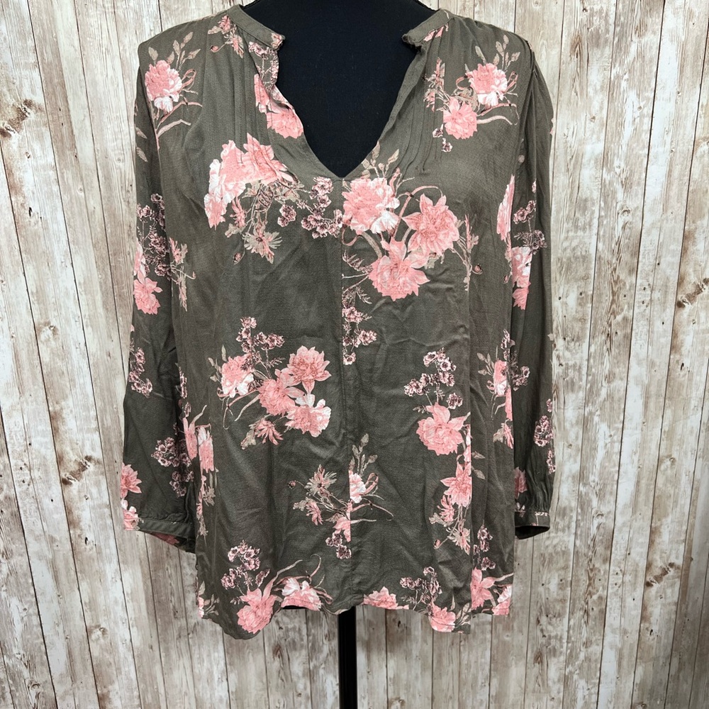 Lucky Brand Green‎ Pink Floral 3/4 Sleeve Blouse